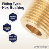 LTWFITTING Brass Pipe Hex Bushing Reducer Fittings 3/8 Inch Male x 1/8 Inch Female NPT Fuel(Pack of 5)