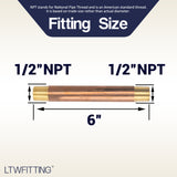 LTWFITTING Brass Pipe 6 Inch Long Nipple Fitting 1/2 Inch Male NPT Air Water(Pack of 3)