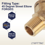 LTWFITTING Brass Pipe 45 Deg 1/2 Inch NPT Street Elbow Forged Fitting Fuel Air Boat(Pack of 2)