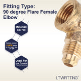 LTWFITTING Brass 1/4 Inch OD x 1/4 Inch Female NPT 45 Deg Flare 90 Degree Flare Elbow Tube Fitting(Pack of 25)