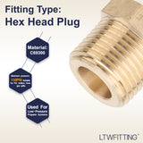 LTWFITTING Lead Free Brass Pipe Hex Head Plug Fittings 3/8 Inch Male NPT Air Fuel Water (Pack of 25)