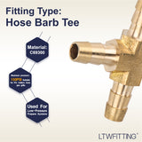 LTWFITTING Lead Free Brass Barb Tee Fitting 5/16 Inch ID Hose for Water Fuel Boat (Pack of 25)