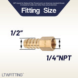 LTWFITTING Lead Free Brass Fitting Coupler/Adapter 1/2 Inch Hose Barb x 1/4 Inch Female NPT Fuel Gas Water (Pack of 25)