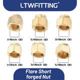 LTWFITTING Assortment Kit Tube OD 1/4" 5/16" 3/8" 1/2" 3/4" 5/8" Brass Flare Short Forged Nut Set(Pack of 30)