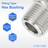 LTWFITTING Bar Production Stainless Steel 316 Pipe Hex Bushing Reducer Fittings 3/8 Inch Male x 1/8 Inch Female NPT Fuel Water Boat (Pack of 5)