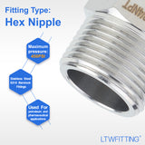 LTWFITTING Bar Production Stainless Steel 316 Pipe Hex Nipple Fitting 3/4 Inch Male NPT Water Boat (Pack of 100)