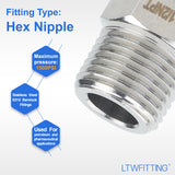 LTWFITTING Class 3000 Stainless Steel 316 Pipe Hex Nipple Fitting 1/2 Inch Male NPT Air Fuel Water (Pack of 5)