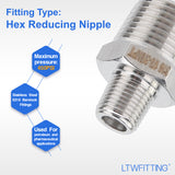 LTWFITTING Bar Production Stainless Steel 316 Pipe Hex Reducing Nipple Fitting 3/8 Inch x 1/8 Inch Male NPT Water Boat (Pack of 500)