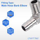 LTWFITTING 90 Degree Elbow Stainless Steel 316 Barb Fitting 3/8 Inch ID Hose x 1/4 Inch Male NPT Air Gas (Pack of 500)