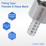 LTWFITTING Bar Production Stainless Steel 316 Barb Fitting Coupler 3/8 Inch Hose ID x 1/2 Inch Female NPT Air Fuel Water (Pack of 5)