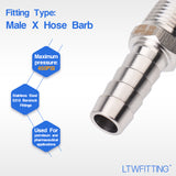 LTWFITTING Bar Production Stainless Steel 316 Barb Fitting Coupler/Connector 3/8 Inch Hose ID x 1/4 Inch Male NPT Air Fuel Water (Pack of 5)